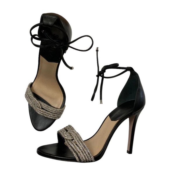 Schutz High Heels Sz 8 Shoes Andy Leather Strappy Sandals Black Silver Glam - Picture 2 of 6